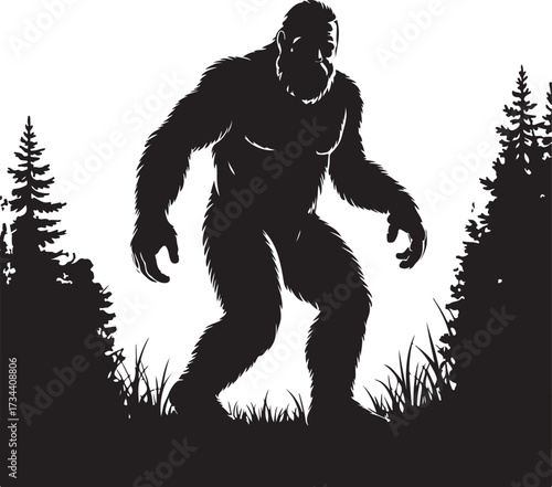 Bigfoot Silhouette Walking in Forest Cryptid Vector Illustration.
