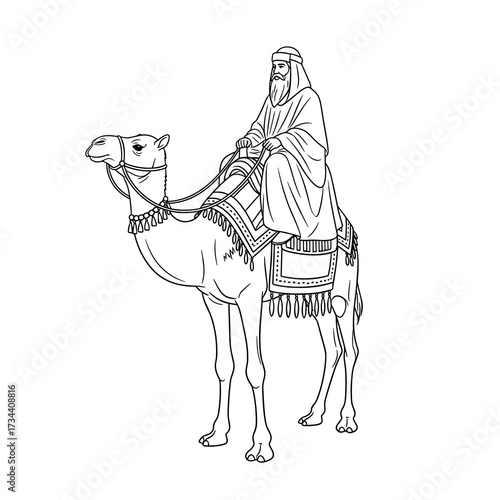 Man in traditional attire riding a camel on isolated white background  
