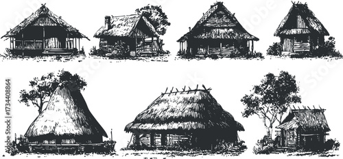 A collection of traditional huts showcasing rural architecture and craftsmanship in a vintage sketch style..