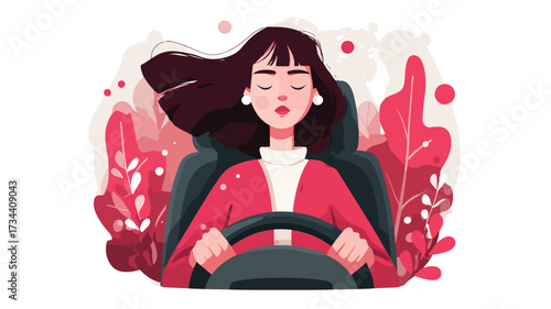 Fearless Woman Driving Car with Eyes Closed Vector Illustration