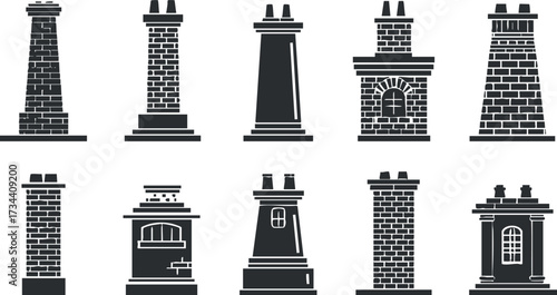Collection of various chimney designs showcasing architectural styles in black and white..