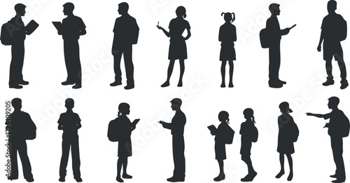 A collection of diverse silhouettes of students engaging in various activities like reading and using technology..