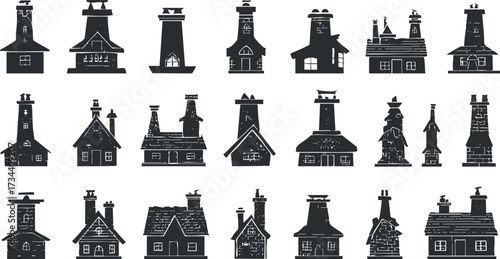 A collection of vintage house illustrations featuring various chimney designs and architectural styles..