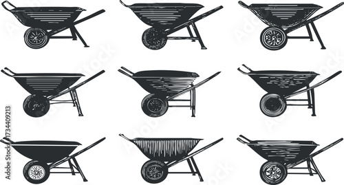 A collection of illustrated wheelbarrows in various styles suitable for gardening and construction..