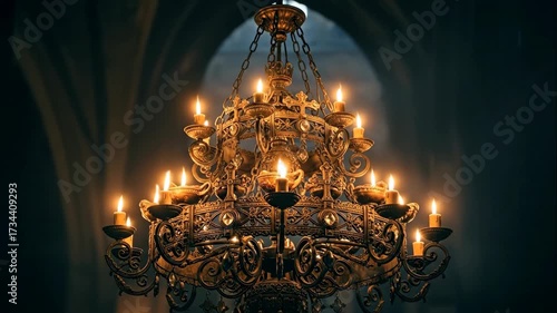 Golden antique chandelier with flickering candles illuminating a dimly lit arched interior, historical elegance footage