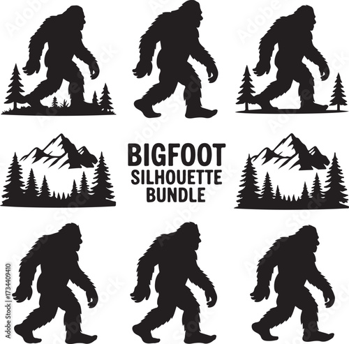 Bigfoot Silhouette Walking in Forest Cryptid Vector Illustration.