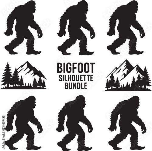 Bigfoot Silhouette Walking in Forest Cryptid Vector Illustration.