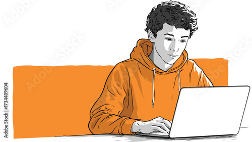 Focused Teenage Boy Working on Laptop Vector Graphic