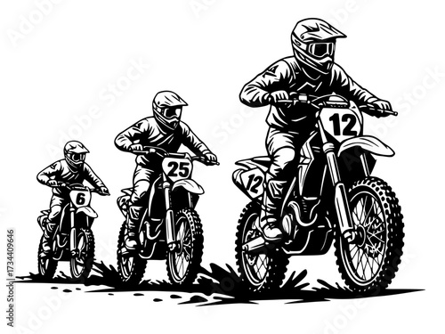 Group of Three Motocross Riders Racing on Dirt Bikes Silhouette, motocross, racing, sport, dirt bike, extreme