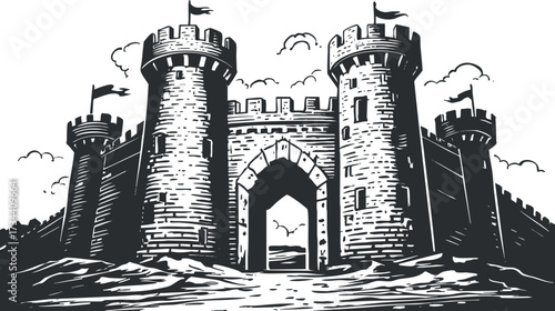 A vintage illustration of a medieval castle with towers and an arched entrance in black and white..