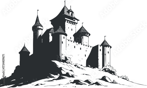 A detailed silhouette of a medieval castle perched on a rocky hill against a plain background..