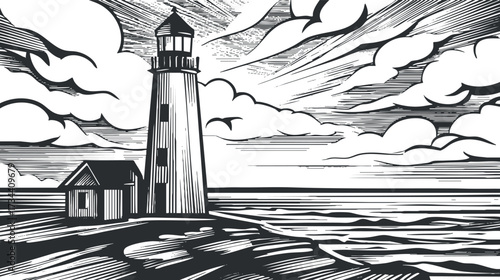 Black and white illustration of a lighthouse by the ocean with dramatic clouds and waves..