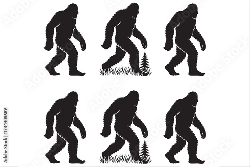 Bigfoot Silhouette Walking in Forest Cryptid Vector Illustration.