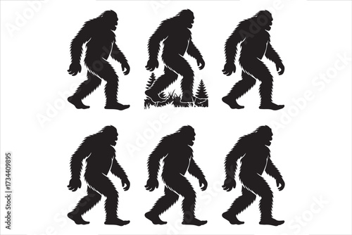 Bigfoot Silhouette Walking in Forest Cryptid Vector Illustration.
