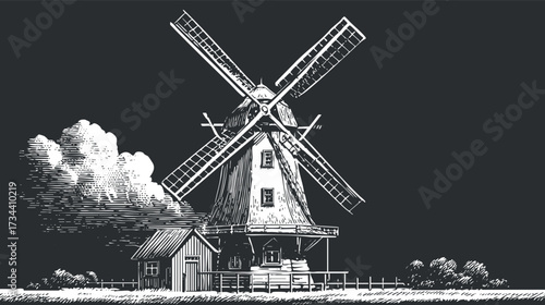 A vintage illustration of a windmill set against a dark background showcasing rural architecture..