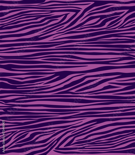 Seamless animal print pattern. Repeating zebra print with dark purple stripes on a purple background. Apparel textile pattern. Vector illustration
