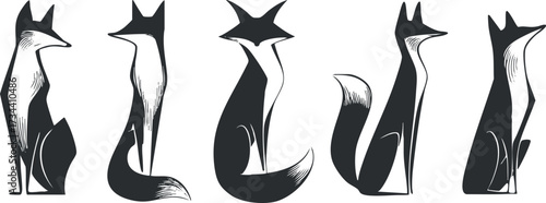 Stylized illustration of five elegant foxes in black and white showcasing modern design..