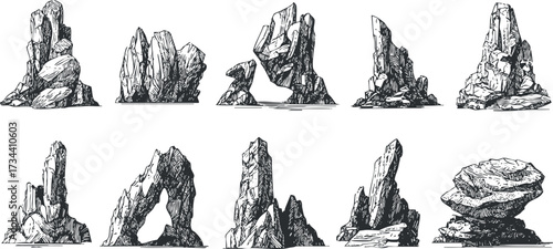 Collection of various rock formations illustrated in a detailed and artistic style..