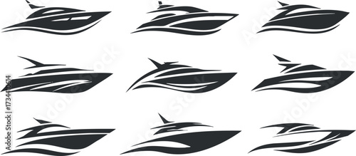 Collection of sleek yacht silhouettes with modern designs showcasing luxury marine vessels..