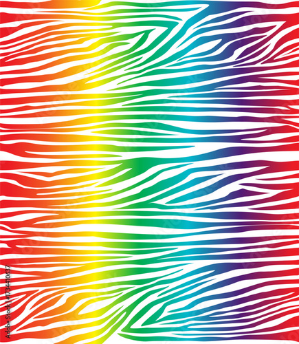 Seamless animal print pattern. Repeating zebra print with rainbow gradient stripes on a white background. Apparel textile pattern. Vector illustration