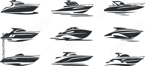 Collection of stylish black silhouette boats and yachts in various designs and angles.