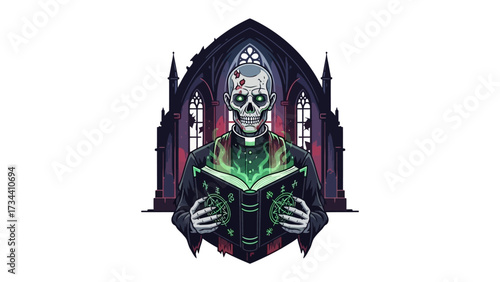 The Undead Priest: A gothic and artistic illustration presents a skeletal priest with an open book, shrouded in an aura of dark mystery, inside a church