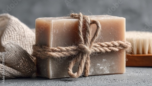 Natural soap tied with twine, beside a cloth and brush