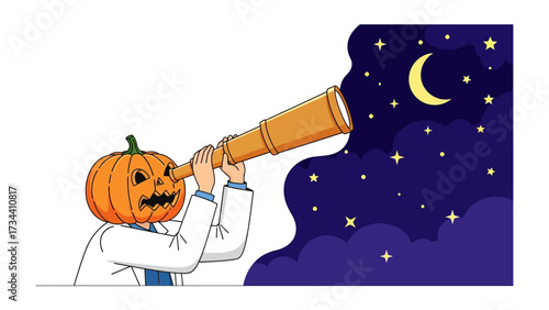 Pumpkin Astronomer: A whimsical pumpkin-headed figure gazes through a telescope at the night sky, a symbol of curiosity and wonder during the Halloween season.