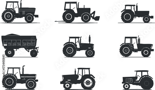 A collection of silhouettes depicting various types of tractors and agricultural vehicles..