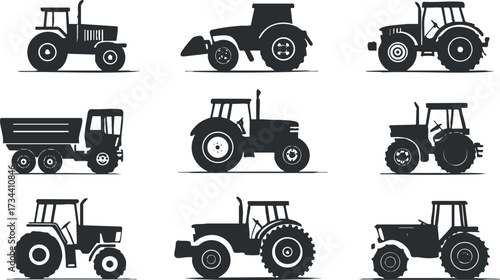 A collection of various tractor silhouettes showcasing farm machinery and agricultural vehicles..
