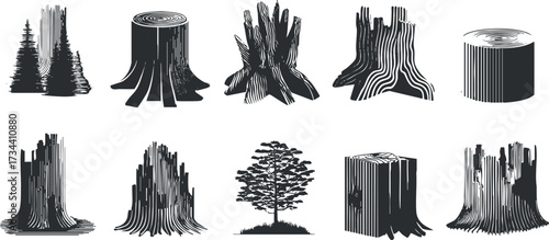 Illustration of various tree stumps and trunks showcasing different shapes and textures..