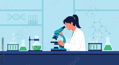 A scientist in a lab coat examines a sample under a microscope, surrounded by scientific equipment and molecular diagrams.