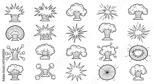 Collection of various explosion illustrations, showcasing different shapes and styles in black and white.