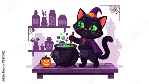 Whimsical Witch's Cat Brewing Potion: A charming illustration of a black cat, adorned in a witch's hat and cape, stirring a bubbling potion in a cauldron. Playful and enchanting.