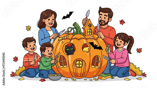Pumpkin Carving Family: A cheerful family collaborates on carving a whimsical pumpkin for Halloween, showcasing creativity, unity, and the delight of a spooky harvest.