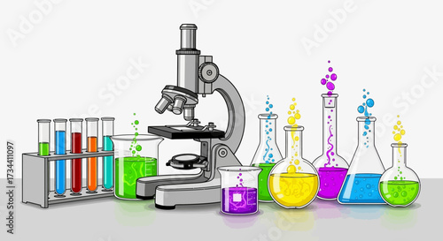 Illustration of a microscope surrounded by various laboratory glassware filled with colorful liquids, representing scientific research.