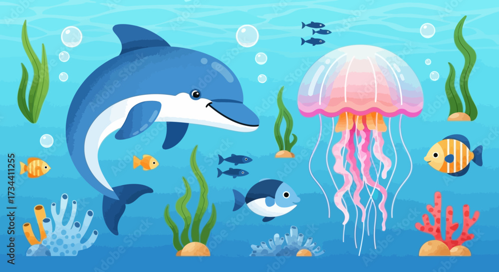 Obraz premium A cheerful cartoon illustration of underwater sea life with a dolphin, jellyfish, and colorful fish.