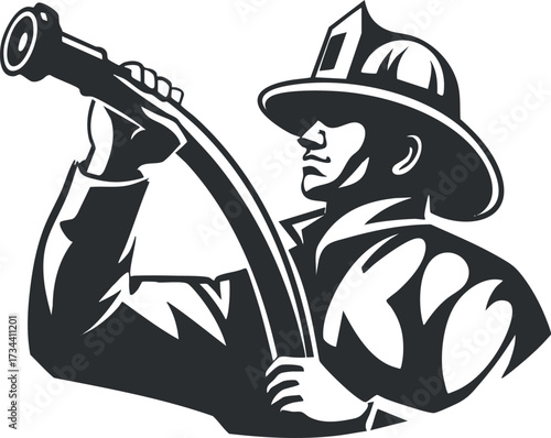 A strong firefighter holding a hose, symbolizing courage and dedication to public safety..
