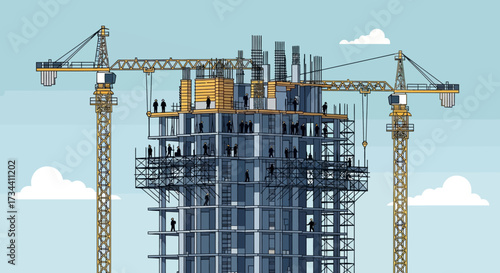 Illustration of a skyscraper under construction with cranes and workers.