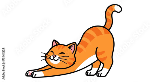 A charming cartoon illustration of a ginger cat stretching its body with a happy expression.