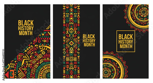 Black history month celebration with colorful african inspired patterns and text on black background isolated on transparent background