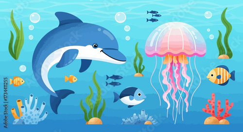 A cheerful cartoon illustration of underwater sea life with a dolphin, jellyfish, and colorful fish.