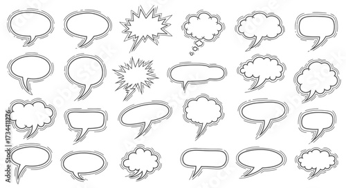 A collection of various hand-drawn speech and thought bubbles in black and white, suitable for comic strips and graphic design.
