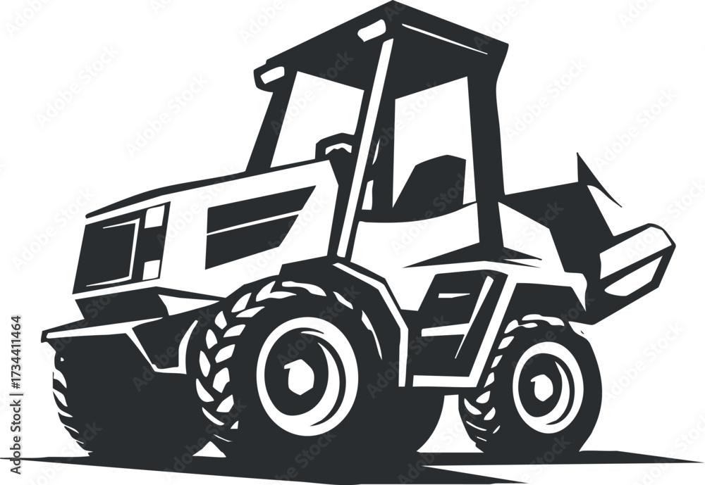Naklejka premium Black and white illustration of a modern tractor with loader in a simple design..