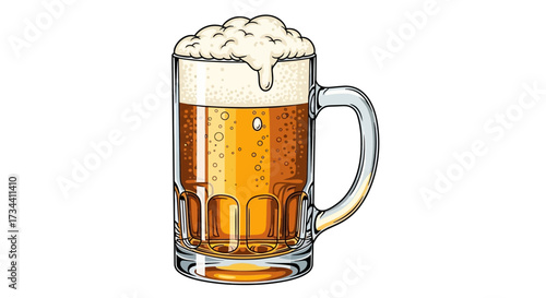 Illustration of a full beer mug with a handle, overflowing with foamy head.