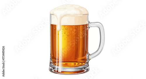 A tall, clear glass mug filled with golden beer and topped with a thick, frothy white head that is spilling over the rim.