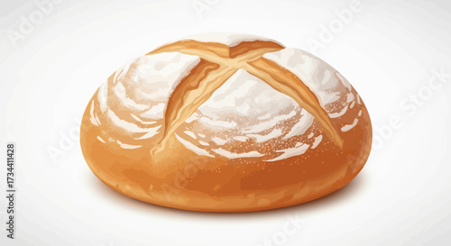 A freshly baked, golden-brown bread roll with a cross-shaped cut on top, lightly dusted with flour, presented on a white background.