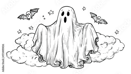 Spooky Halloween Ghost Coloring Page for Kids Vector Illustration