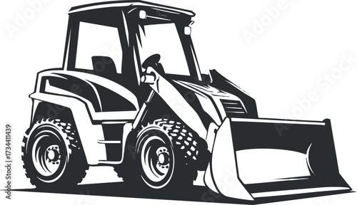 Illustration of a black and white loader machine used in construction and excavation..