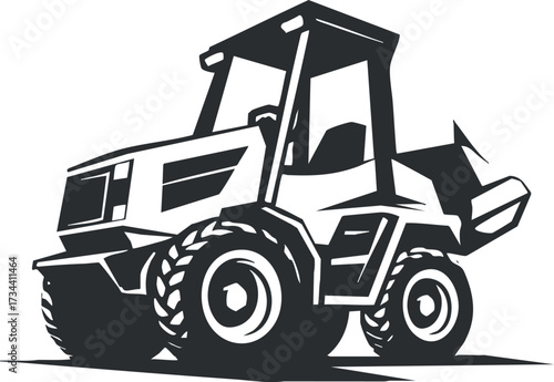 Black and white illustration of a modern tractor with loader in a simple design..